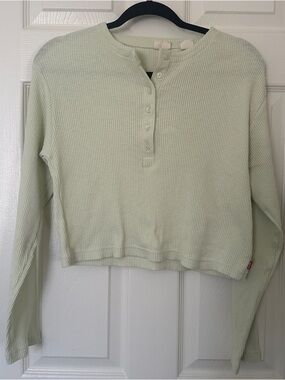 Levi’s Ribbed Henley Crop Top XS Mint Green Long Sleeve Fitted Y2K Basic Layer